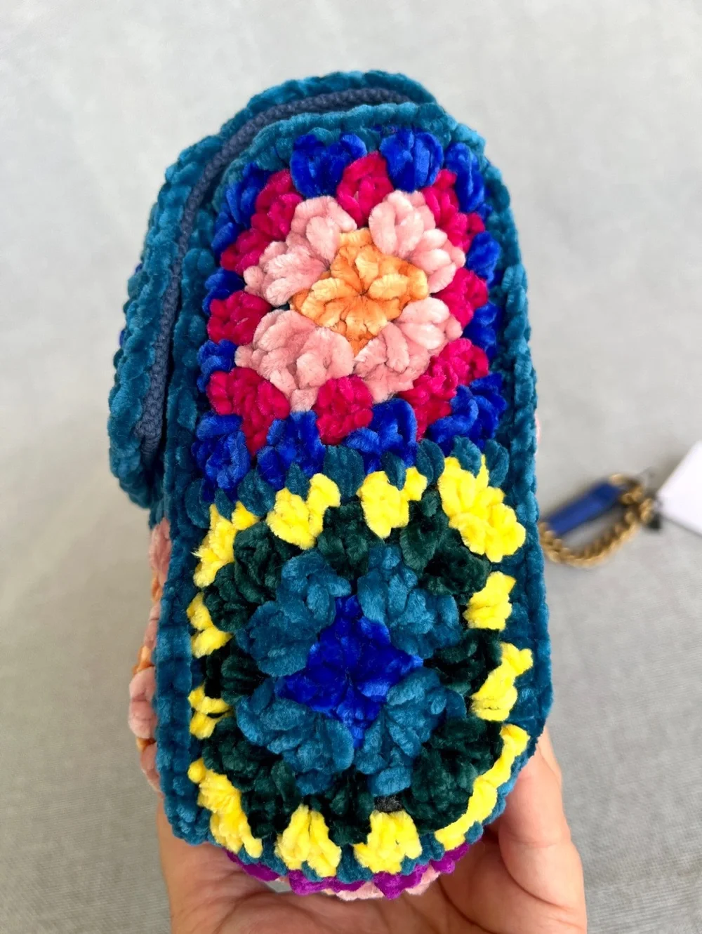 Kurt Geiger Boho Chenille Crochet Patchwork crossbody bag teal, pink yellow blue